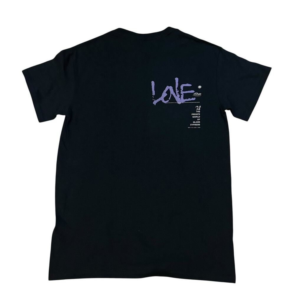 Glass Cypress Purple Love Graphic Black S/S Tee Hand Stitched Stars Small NWOT